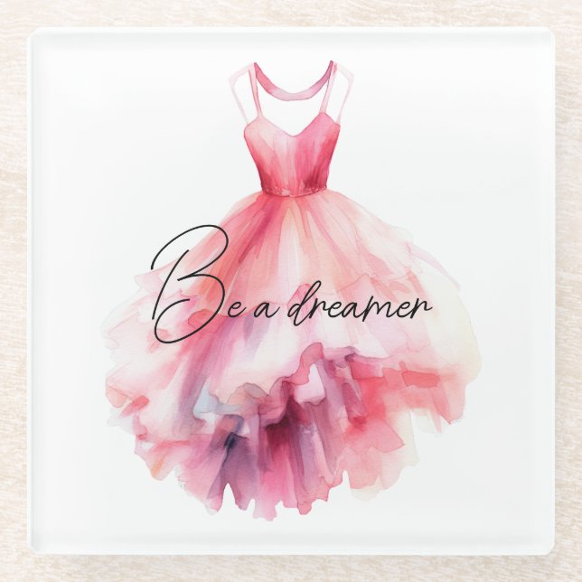 Posavasos De Vidrio Dreamer con vestido rosa de bonito (Anverso)