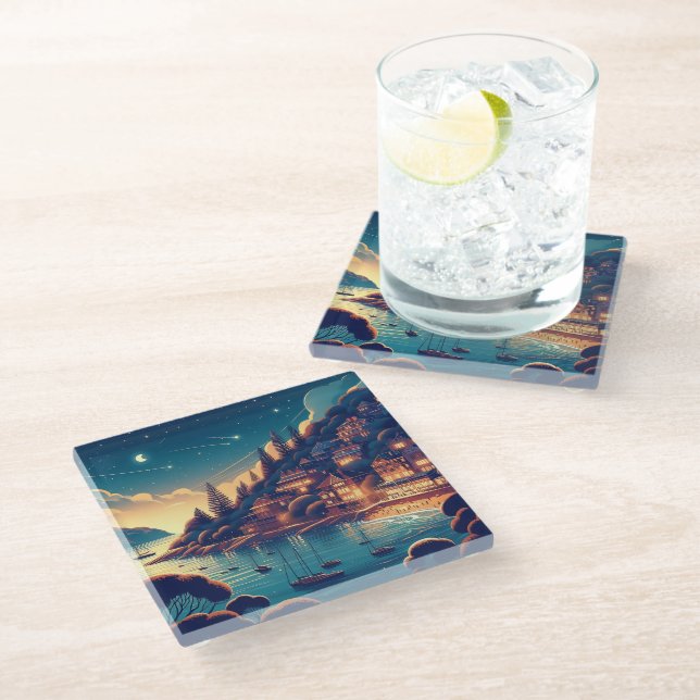 Posavasos De Vidrio Dreamy Coastal Night (Angular)