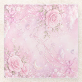 Posavasos De Vidrio Dreamy Pink Rose Floral Pearls Bows Sparkles
