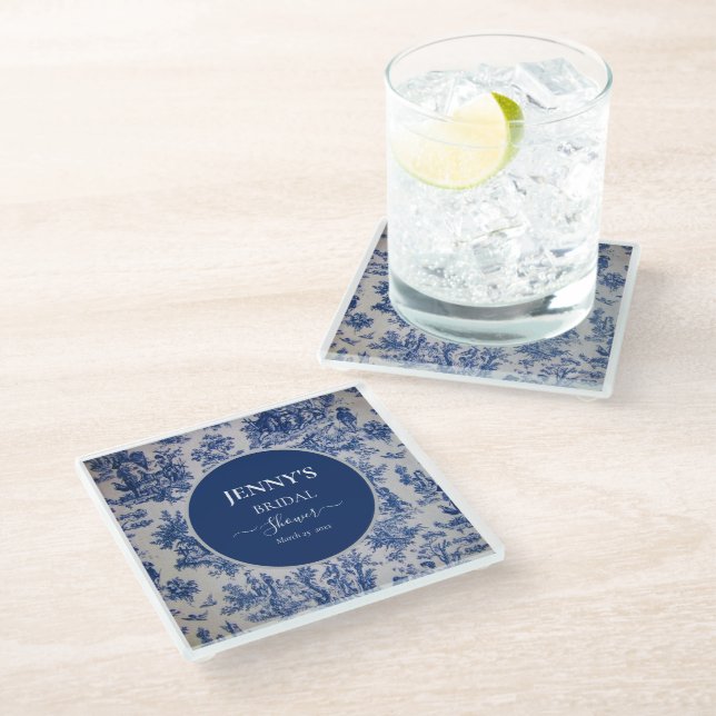 Posavasos De Vidrio Ducha de Novia Azul y Blanco Toile de Jouy Francés (Angular)