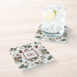 Posavasos De Vidrio Dulce Fresa y Patrón Floral Monograma Personalizad