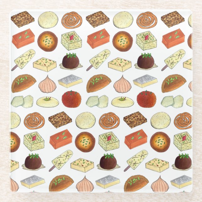 Posavasos De Vidrio Dulce Mithai Cocina india Foods Confección Print (Anverso)