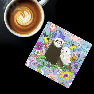 Posavasos De Vidrio Dulces Ferrets Azules Caprichosos con Flores Parej