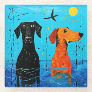 Posavasos De Vidrio "Dúo Acuático de Alegría" - Perros Coloridos Surr