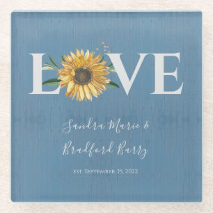 Posavasos De Vidrio Dusty Blue Barn Wood, Boda del girasol dorado