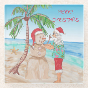 Posavasos De Vidrio Edificio Santa Claus Snowman en la playa
