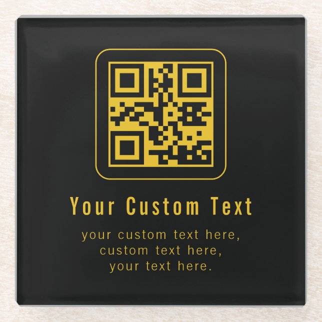 Posavasos De Vidrio Editable QR Code & Text Template | Black & Gold (Anverso)