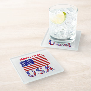 Posavasos De Vidrio EE. UU. Estados Unidos América Bandera Roja Person