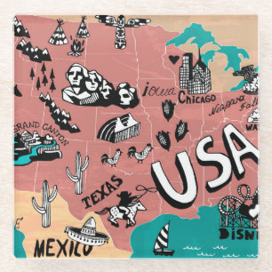 Posavasos De Vidrio EEUU Ilustrado: Colorido Viaje Mapa.