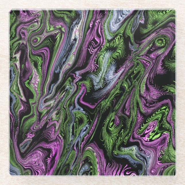 Posavasos De Vidrio Efecto de hilo de seda morado y verde arte líquido (Anverso)