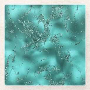 Posavasos De Vidrio Efecto mármol brillante y purpurina teal elegante