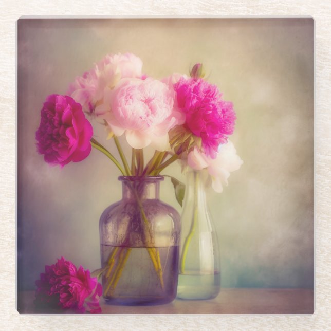 Posavasos De Vidrio El antiguo Bouquet Peony en las jaulas de vidrio (Anverso)