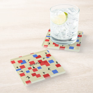 Posavasos De Vidrio El baile de los cubos de Mondrian fondo azul de la