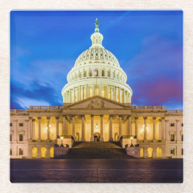 Posavasos De Vidrio El capitolio de Estados Unidos en la hora azul (Anverso)