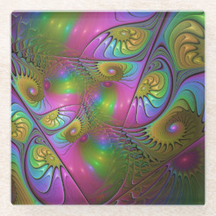 Posavasos De Vidrio El Colorido Arte Fractal Abstracto Trippy Luminoso