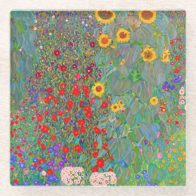 Posavasos De Vidrio El jardín de la granja Gustav Klimt con girasoles (Anverso)