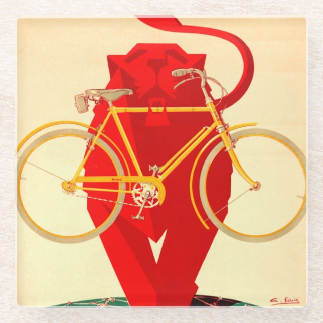Posavasos De Vidrio El león rojo potente agarra la bicicleta temprana (Anverso)
