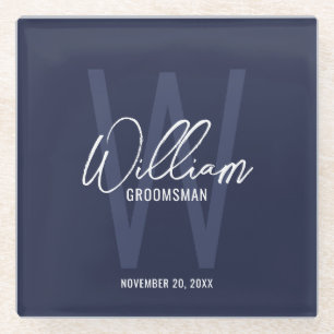 Posavasos De Vidrio El nombre de Groomsman personalizado con guión azu