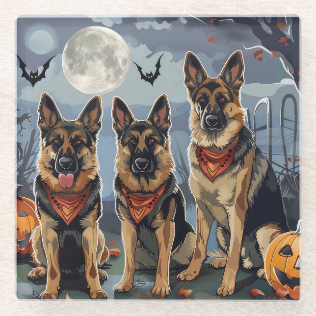 Posavasos De Vidrio El pastor alemán Halloween Spooky (Anverso)