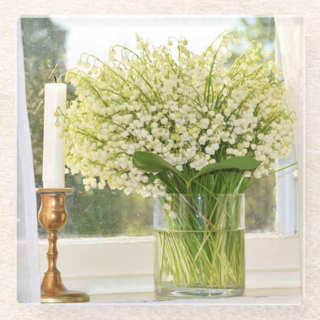 Posavasos De Vidrio El ramo de primavera florece, los lirios del valle (Anverso)