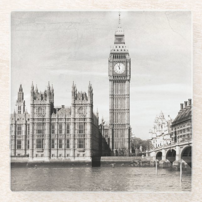 Posavasos De Vidrio El viejo Londres, blanco y negro. (Anverso)