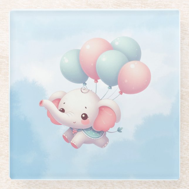 Posavasos De Vidrio elefante de bebé con globos (Anverso)