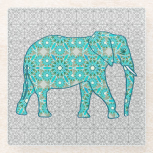 Posavasos De Vidrio Elefante de flores de Mandala - turquesa, gris y b