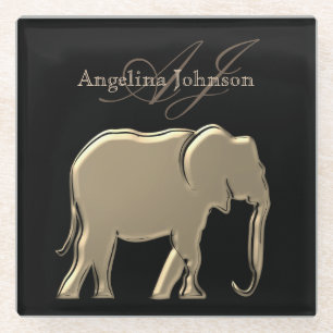 Posavasos De Vidrio Elefante negro y dorado elegante monogramado