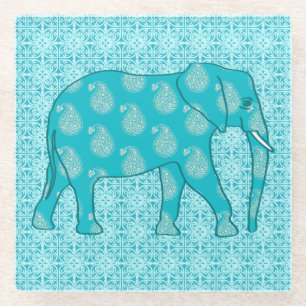 Posavasos De Vidrio Elefante paisley - turquesa y aqua