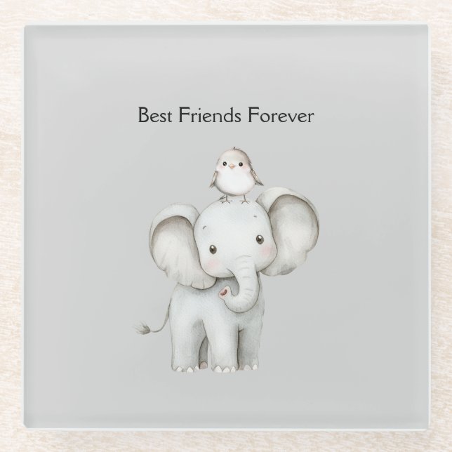 Posavasos De Vidrio Elefante y Ave Mejores Amigos (Anverso)