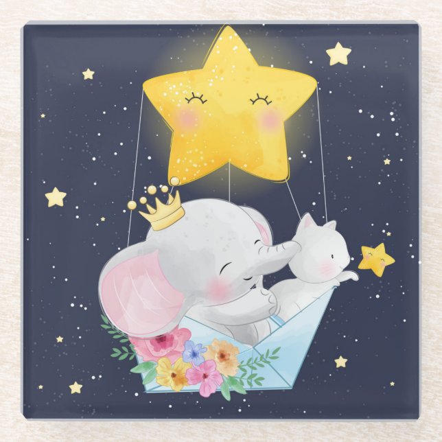 Posavasos De Vidrio Elefante Y Gatito (Anverso)