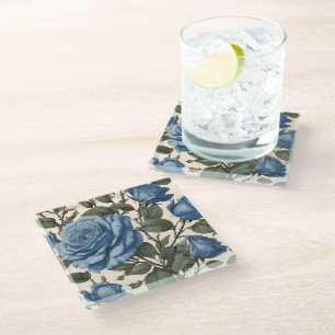 Posavasos De Vidrio Elegancia azul: Rosas provinciales de época en flo