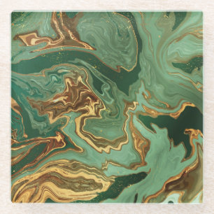 Posavasos De Vidrio Elegancia Esmeralda: Lujo de Mármol Dorado