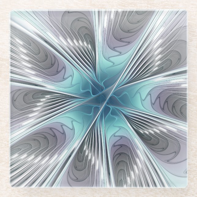 Posavasos De Vidrio Elegancia Flor de Arte Fractal Blanco Gris Azul (Anverso)