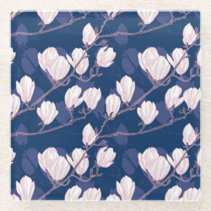 Posavasos De Vidrio Elegancia Magnolia: Floración Primaveral Azul Mari