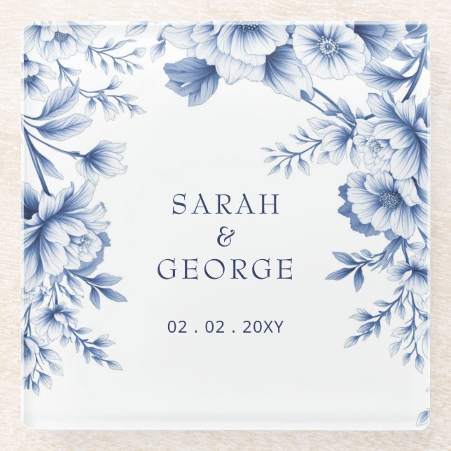 Posavasos De Vidrio Elegant Blue Chinoiserie Floral Botanical Wedding (Anverso)