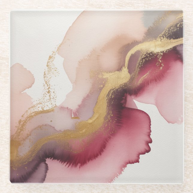 Posavasos De Vidrio Elegant Burgundy and Gold Watercolor Art (Anverso)