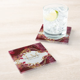 Posavasos De Vidrio Elegant Cherry Red & Gold Monogram Script