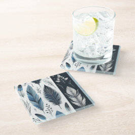 Posavasos De Vidrio Elegant Feather Symphony in Blue & Silver