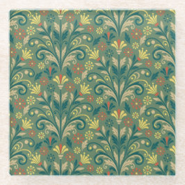 Posavasos De Vidrio Elegant Floral Pattern in Yellow and Red on Green