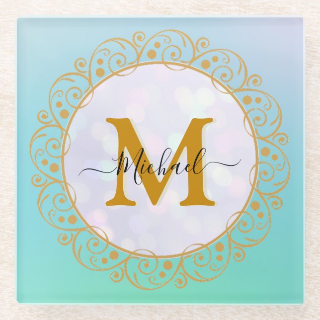 Posavasos De Vidrio Elegant Gold Glitter Initial & Name (Anverso)