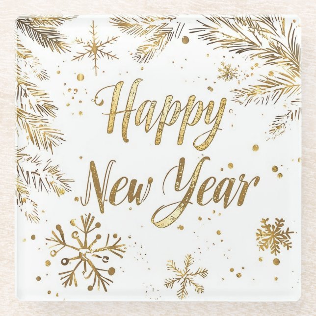 Posavasos De Vidrio Elegant Gold “Happy New Year” Glass Coaster (Anverso)