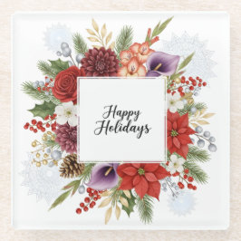Posavasos De Vidrio Elegant Holiday Floral Wreath Happy Holidays