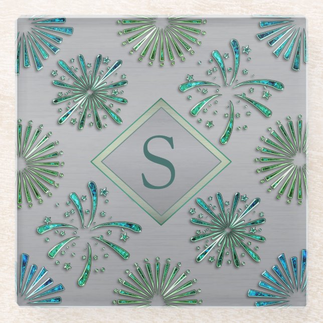 Posavasos De Vidrio Elegant Ornate Blue Green Pattern Monogram (Anverso)