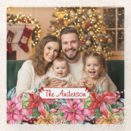 Posavasos De Vidrio Elegant Poinsettia Floral Border Custom Photos