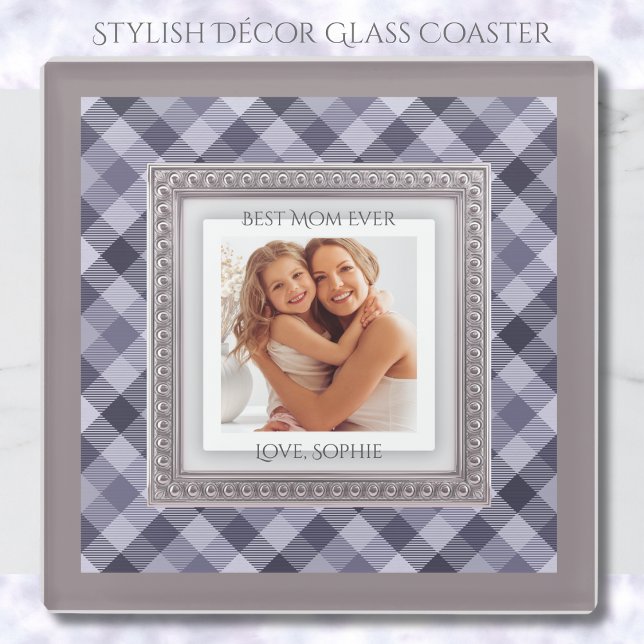 Posavasos De Vidrio Elegant Purple Plaid Best Mom Ever Photo (Ideal for Mother's Day, birthdays, or as a thoughtful "just because" gift for Mom)