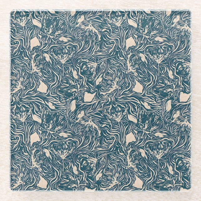 Posavasos De Vidrio Elegant Teal Botanical Swirl Seamless Pattern (Anverso)
