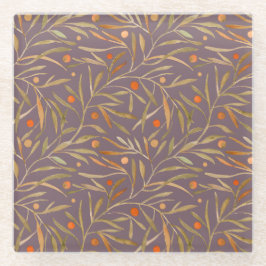 Posavasos De Vidrio Elegant Watercolor Leaf Pattern  Purple Background