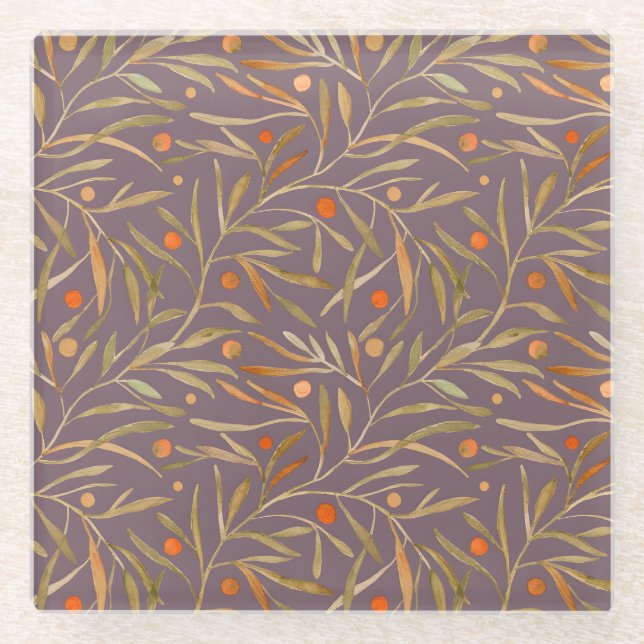 Posavasos De Vidrio Elegant Watercolor Leaf Pattern  Purple Background (Anverso)