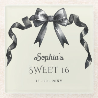 Posavasos De Vidrio Elegante acuarela Coquette Black Bow Sweet 16